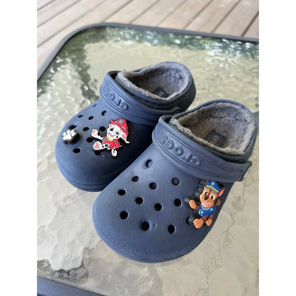 Crocs Kids Classic Lined Clog‎ Paw Patrol Navy Blue Fuzzy Warm Shoes C9